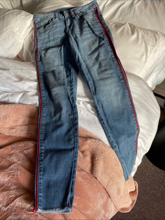 CeCe Denim - CeCe Slim Straight Denim Jeans with Red Side Stripe
